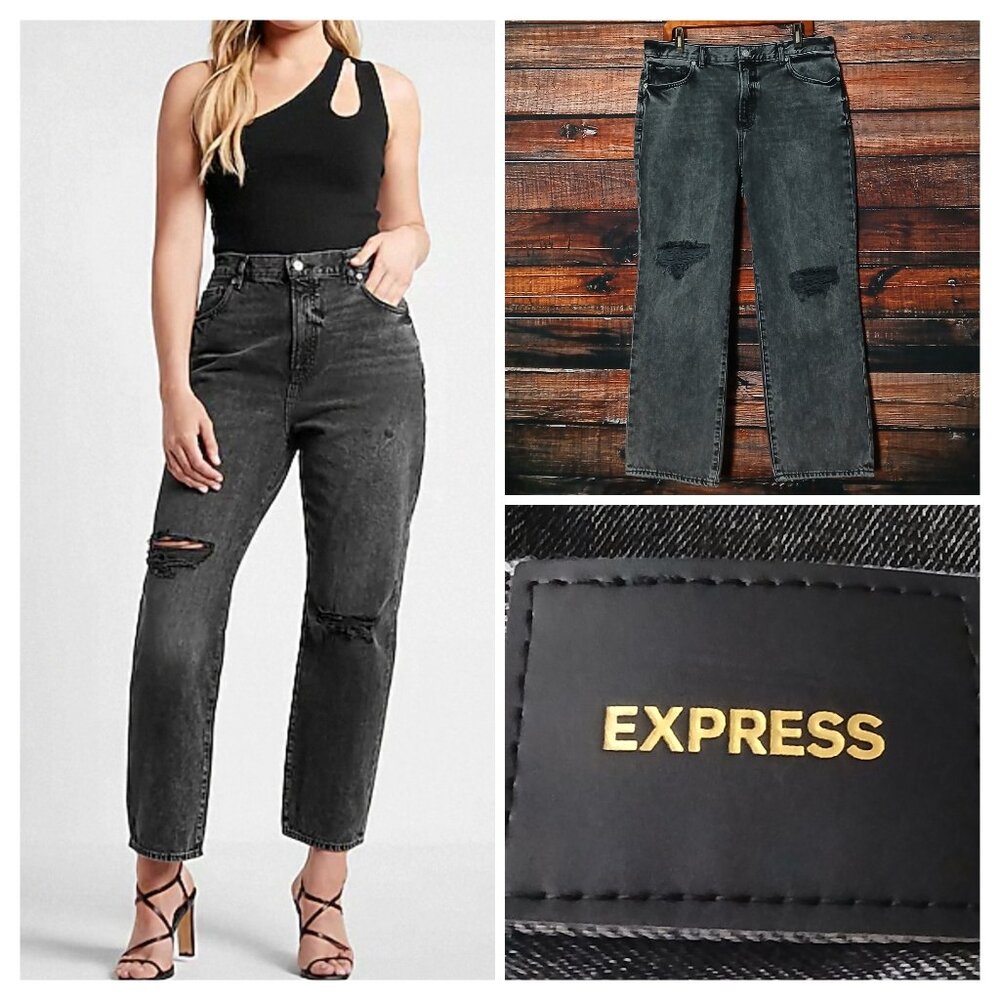 Express Jeans 14 High Rise Ankle Straight Washed Black Denim